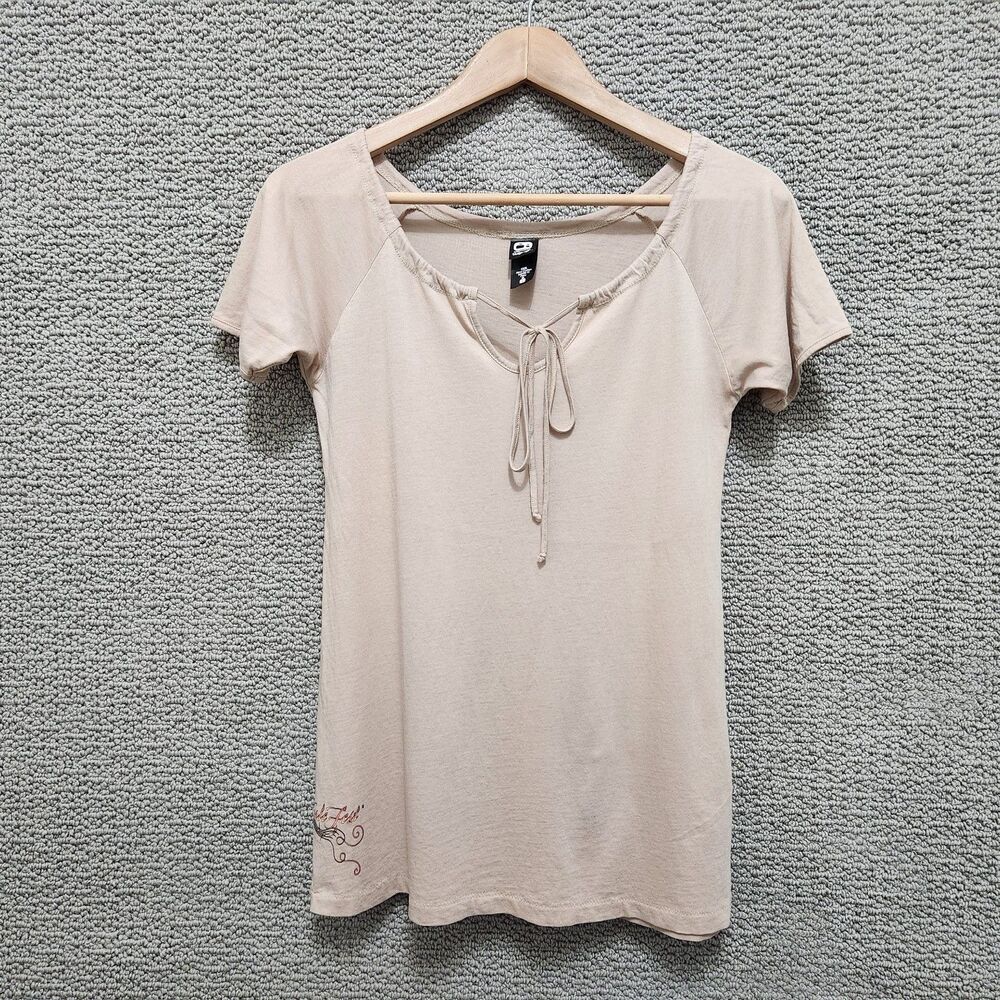 ALTERNATIVE Women's Beige Pima Cotton Tie Neck Short Sleeve T-Shirt Size S